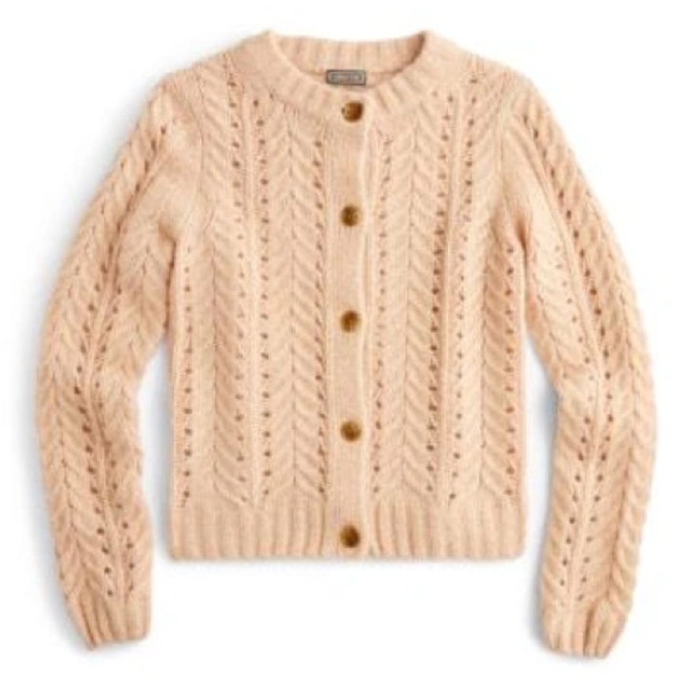 J.Crew Point Sur light pink fuzzy pointelle chunky knit  Cardigan sweater